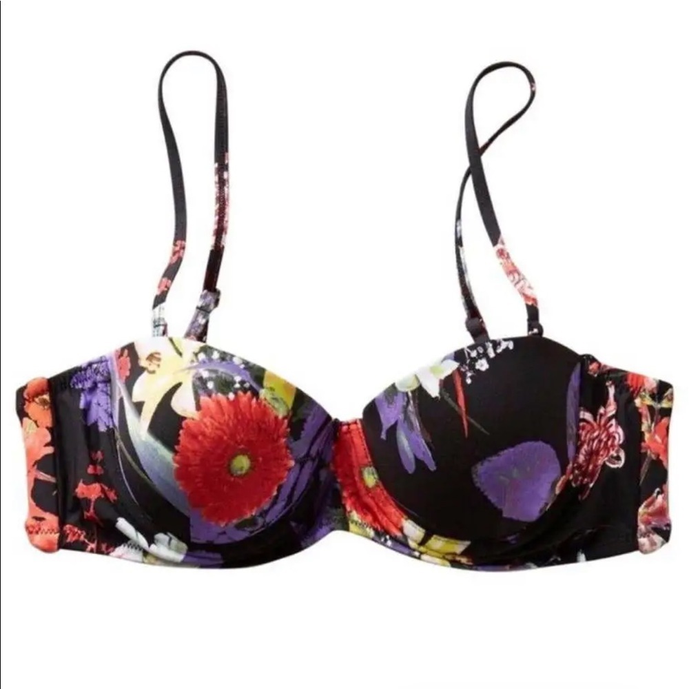 Anthropologie Bikini Top 36B Black Floral Underwire Optional Straps Padded Swim
